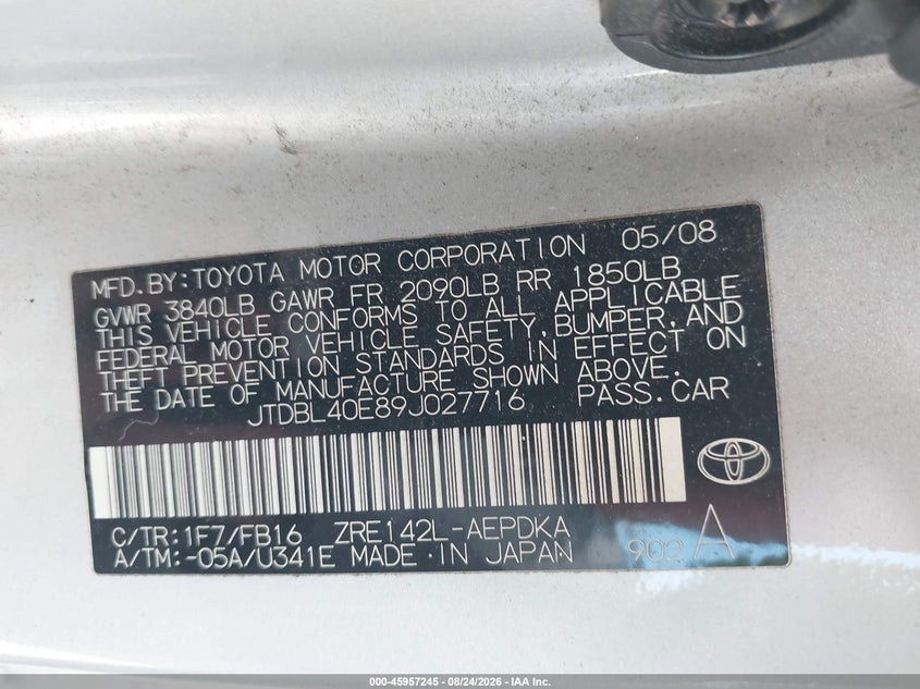 2009 TOYOTA COROLLA SEDAN 1.8L I-4 DOHC, VVT, REGULAR , 132HP