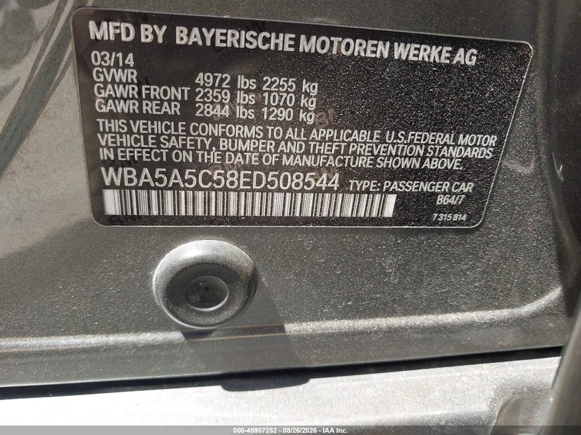 BMW 528I 2014 VIN WBA5A5C58ED508544