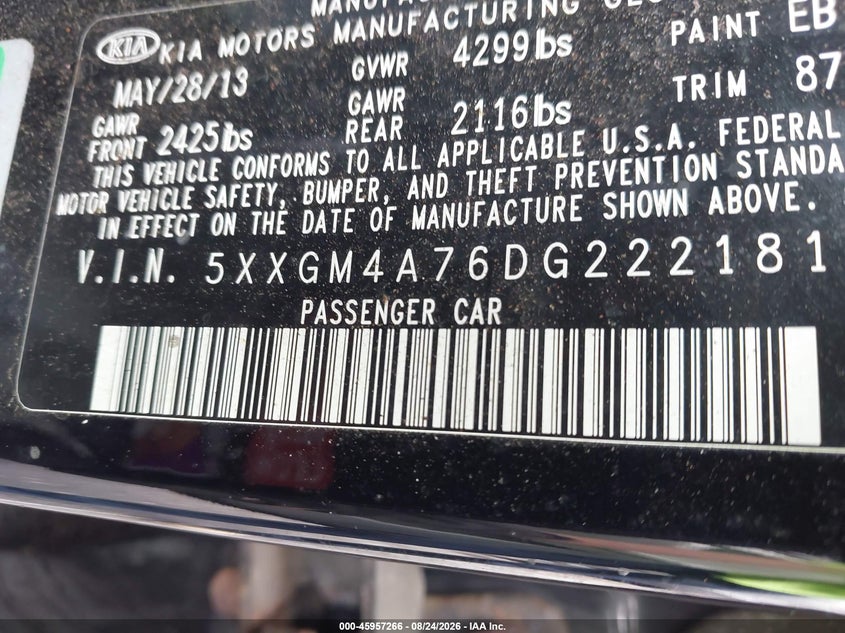 2013 KIA OPTIMA SEDAN 2.4L I-4 DI, DOHC, VVT, 200HP