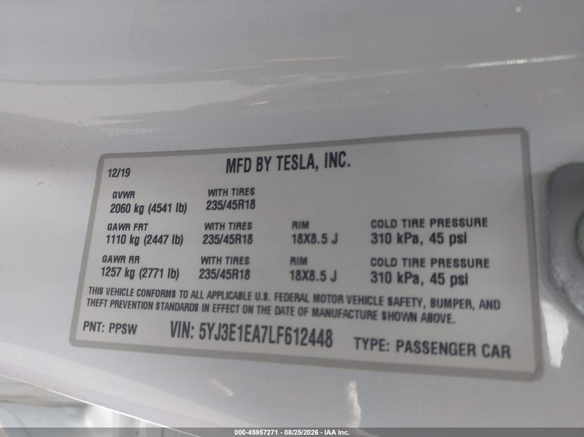 TESLA MODEL 3 2020 VIN 5YJ3E1EA7LF612448
