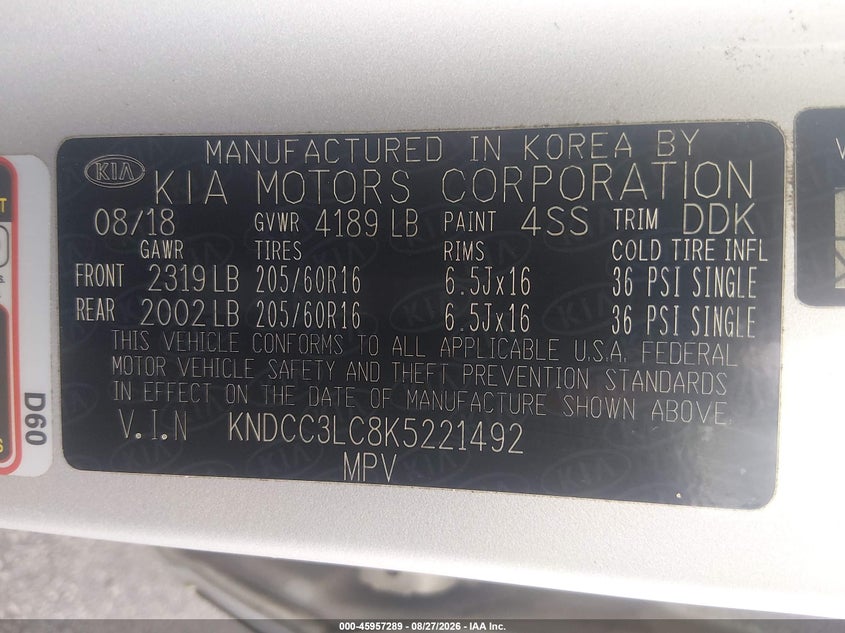 KIA NIRO 2019 VIN KNDCC3LC8K5221492