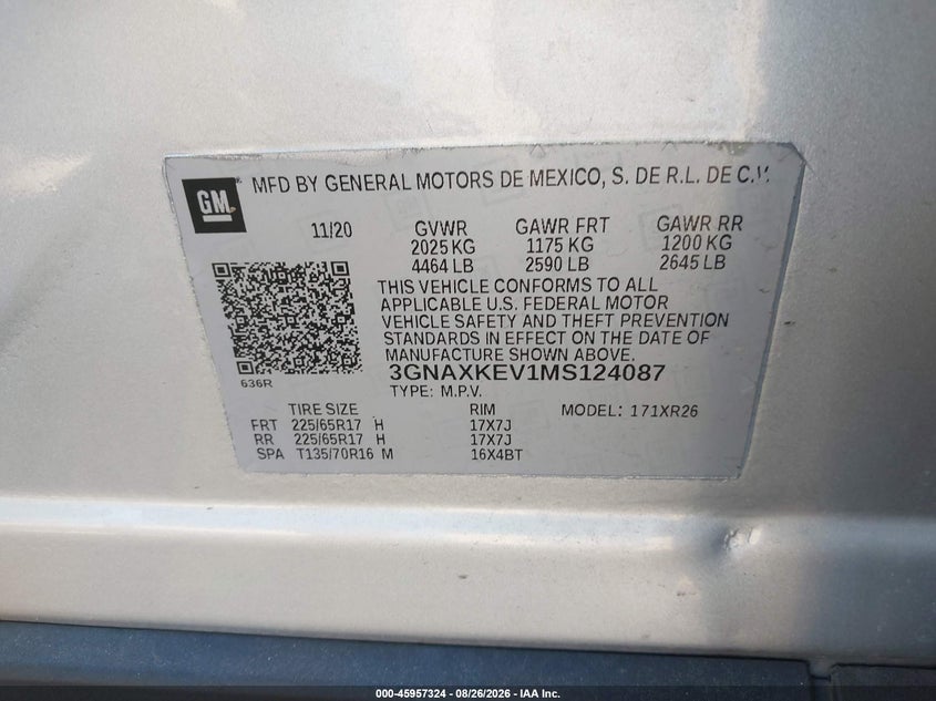 CHEVROLET EQUINOX 2021 VIN 3GNAXKEV1MS124087