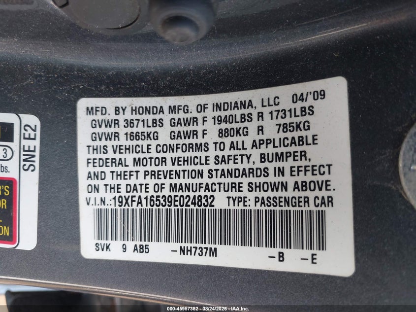 2009 HONDA CIVIC SEDAN 1.8L I-4 VVT, 140HP