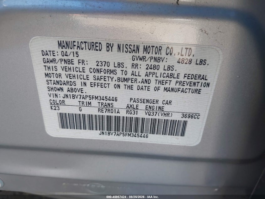 INFINITI Q50 2015 VIN JN1BV7AP5FM345446