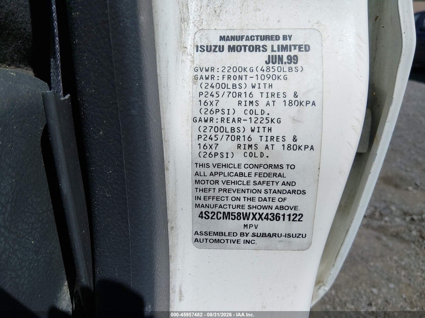 ISUZU RODEO 1999 VIN 4S2CM58WXX4361122