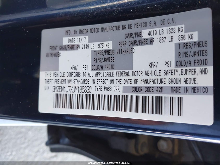 2018 MAZDA 3 SEDAN 2.0L I-4 DI, DOHC, VVT, 155HP