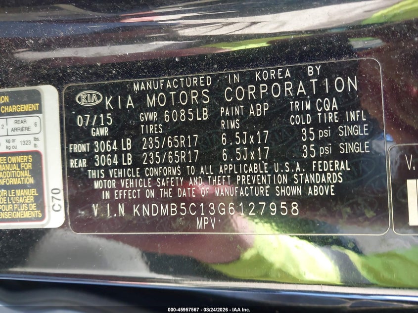KIA SEDONA 2016 VIN KNDMB5C13G6127958