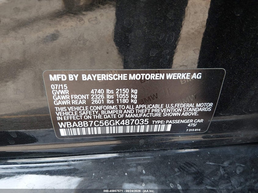 BMW 340I 2016 VIN WBA8B7C56GK487035