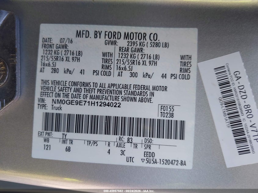 FORD TRANSIT CONNECT 2017 VIN NM0GE9E71H1294022