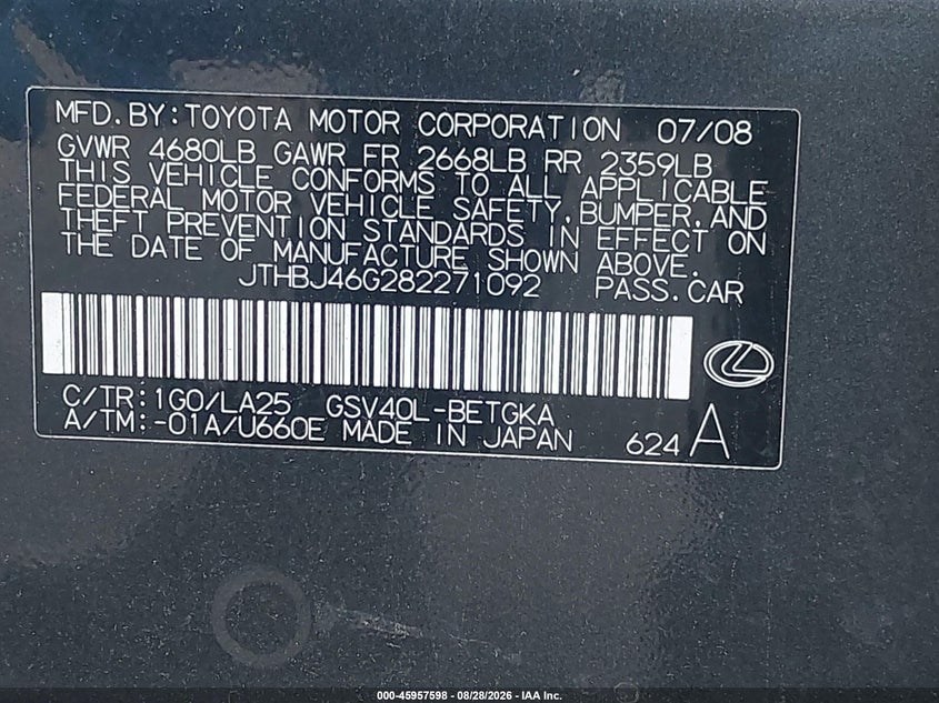 LEXUS ES 350 2008 VIN JTHBJ46G282271092