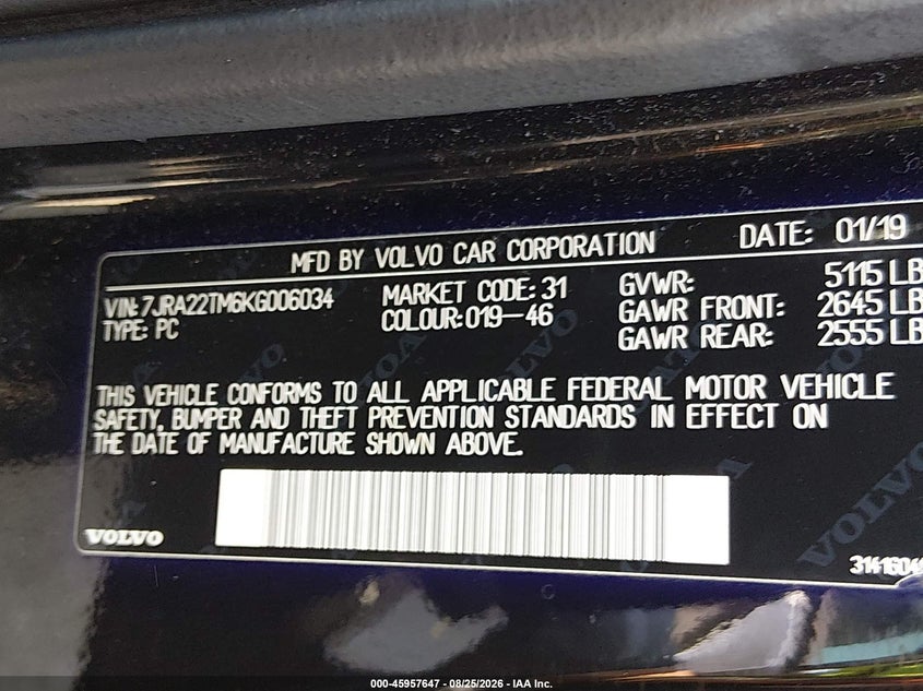 VOLVO S60 2019 VIN 7JRA22TM6KG006034