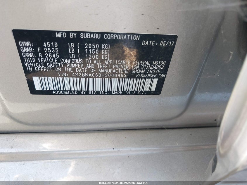 SUBARU LEGACY 2017 VIN 4S3BNAC60H3066963