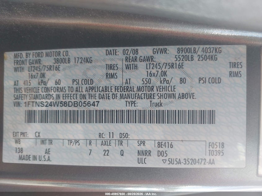 FORD E-250 2008 VIN 1FTNS24W58DB05647