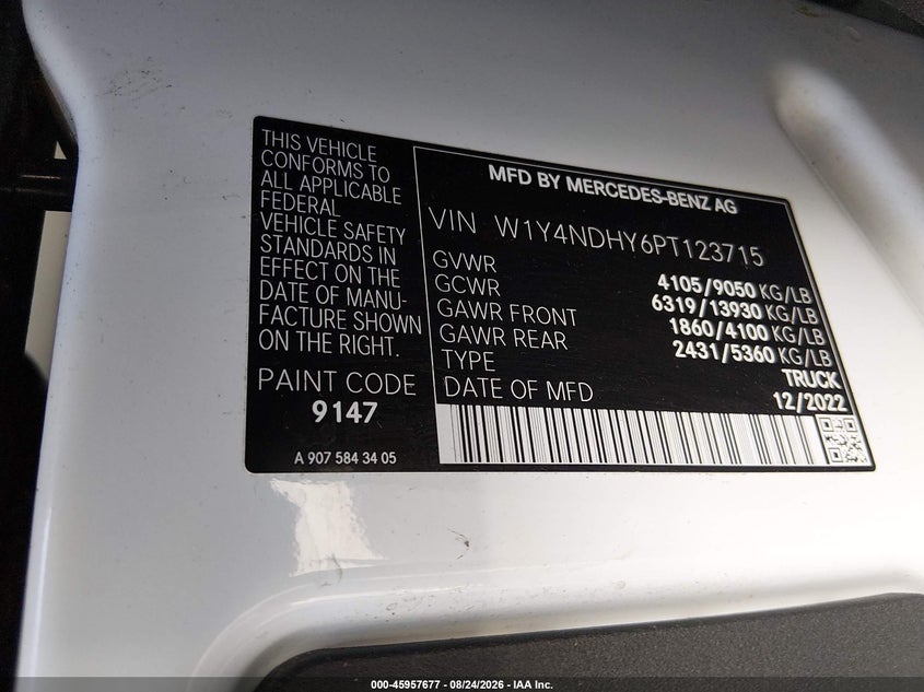 MERCEDES-BENZ SPRINTER 2500 2023 VIN W1Y4NDHY6PT123715