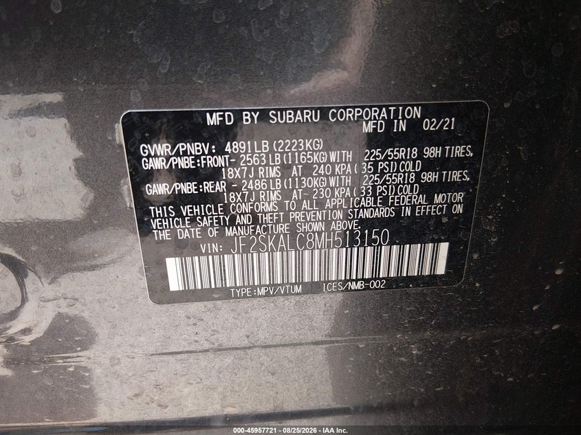 2021 SUBARU FORESTER SPORT UTILITY VEHICLE 2.5L H-4 DI, DOHC, VVT, 182HP