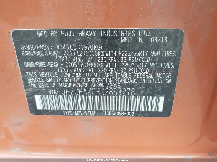 2013 SUBARU XV SPORT UTILITY VEHICLE 2.0L H-4 DOHC, VVT, 148HP