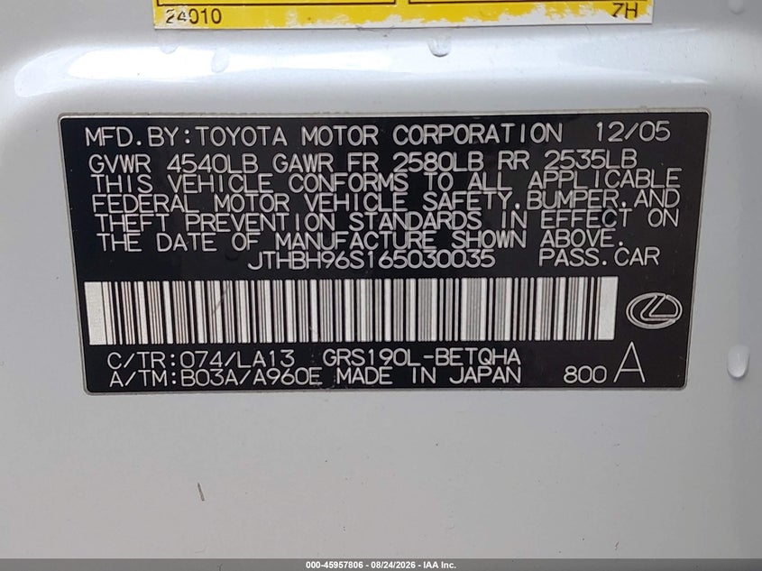 LEXUS GS 300 2006 VIN JTHBH96S165030035