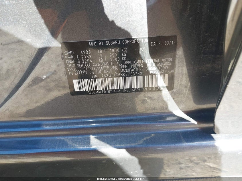 SUBARU IMPREZA 2019 VIN 4S3GTAC6XK3733282