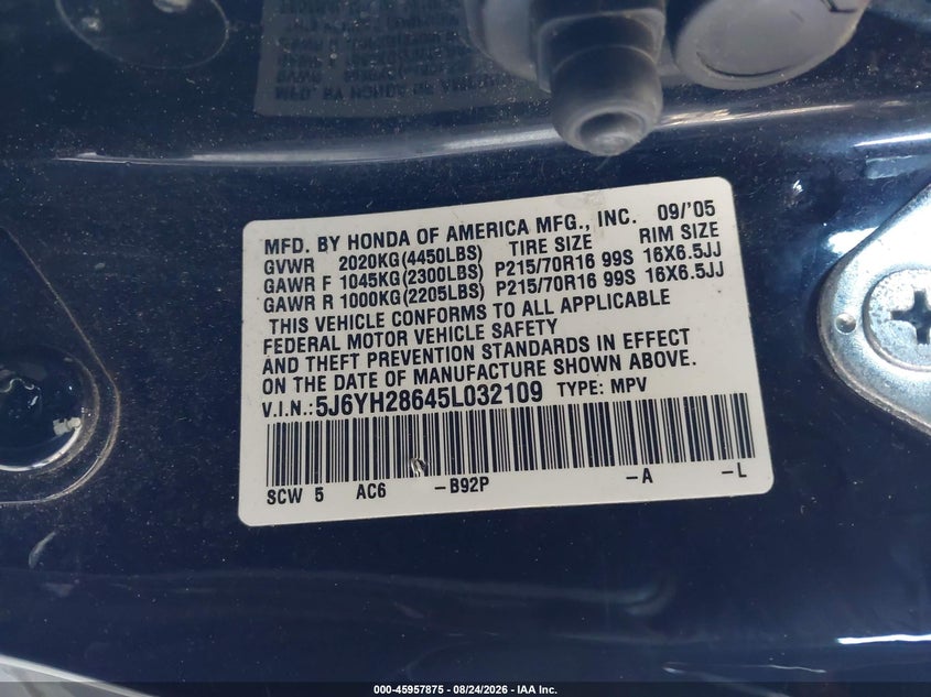 HONDA ELEMENT 2005 VIN 5J6YH28645L032109