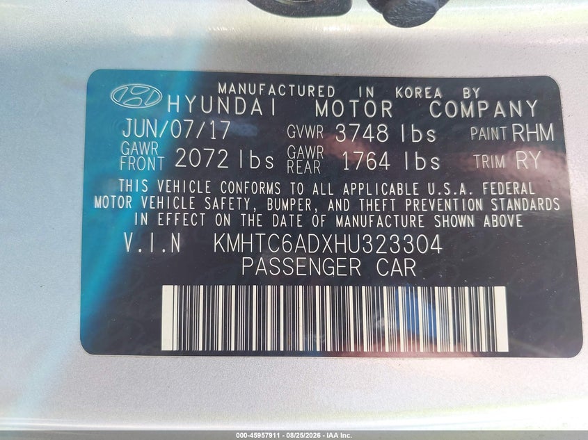 HYUNDAI VELOSTER 2017 VIN KMHTC6ADXHU323304