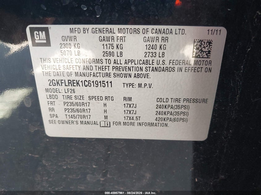 GMC TERRAIN 2012 VIN 2GKFLREK1C6191511