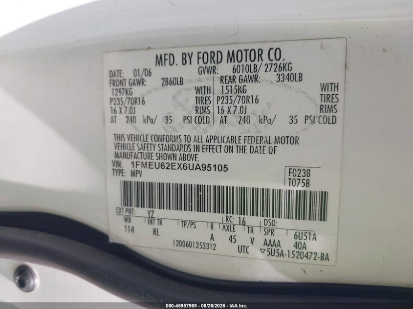 FORD EXPLORER 2006 VIN 1FMEU62EX6UA95105
