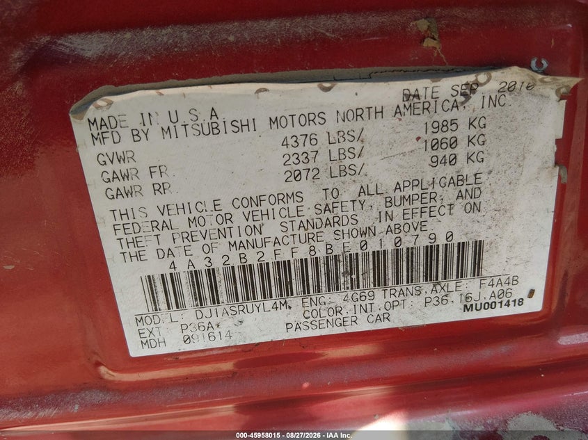 MITSUBISHI GALANT 2011 VIN 4A32B2FF8BE010790