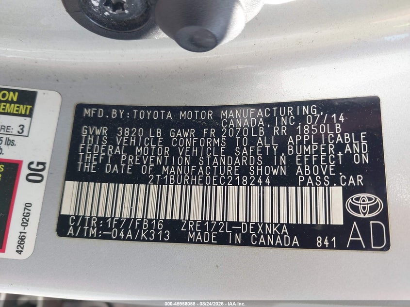 2014 TOYOTA COROLLA SEDAN 1.8L I-4 DOHC, VVT, REGULAR , 132HP