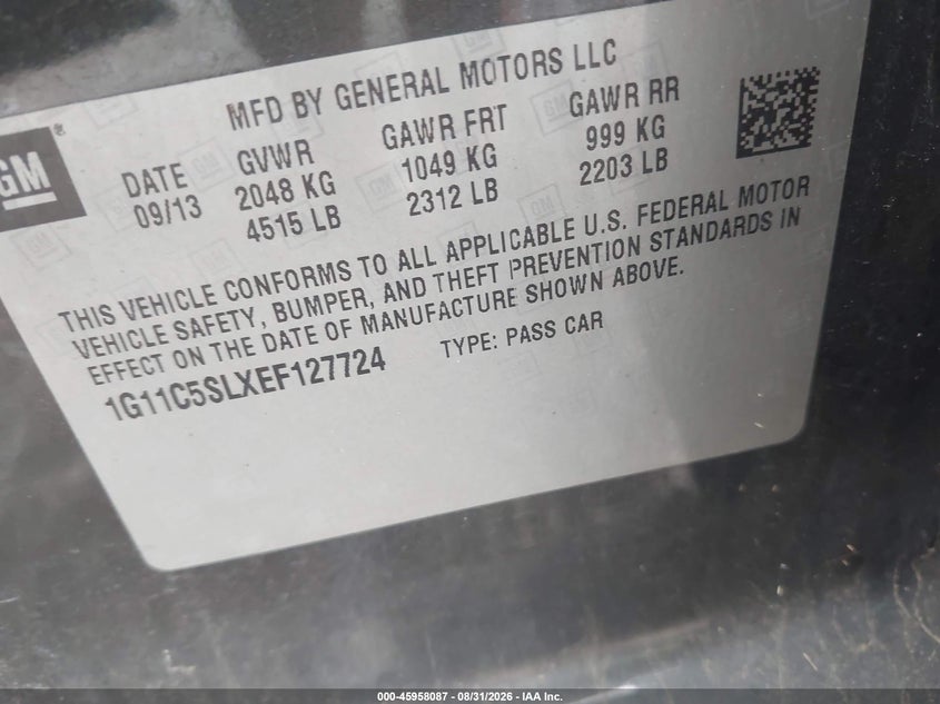 2014 CHEVROLET MALIBU SEDAN 2.5L I-4 DI, DOHC, VVT, REGULAR , 196HP