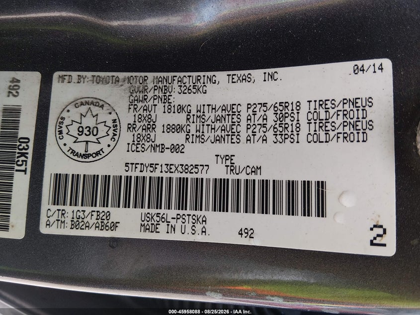 TOYOTA TUNDRA 2014 VIN 5TFDY5F13EX382577