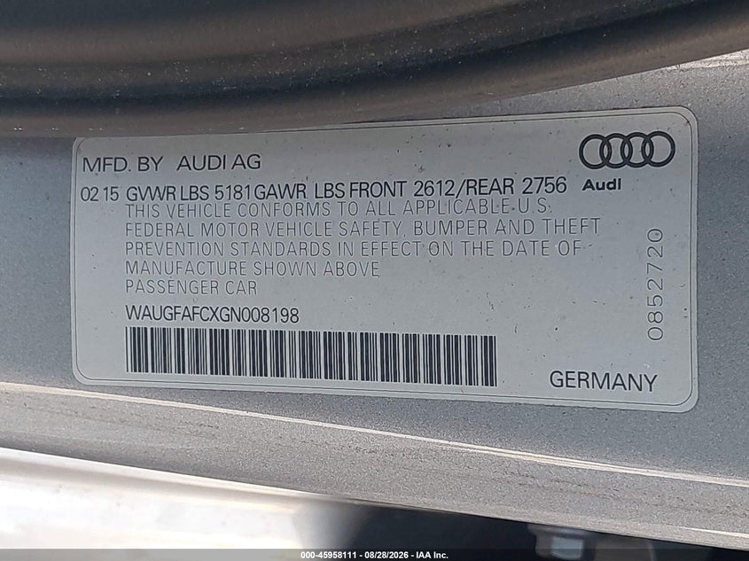AUDI A6 2016 VIN WAUGFAFCXGN008198