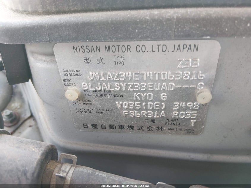 NISSAN 350Z 2004 VIN JN1AZ34E74T063816