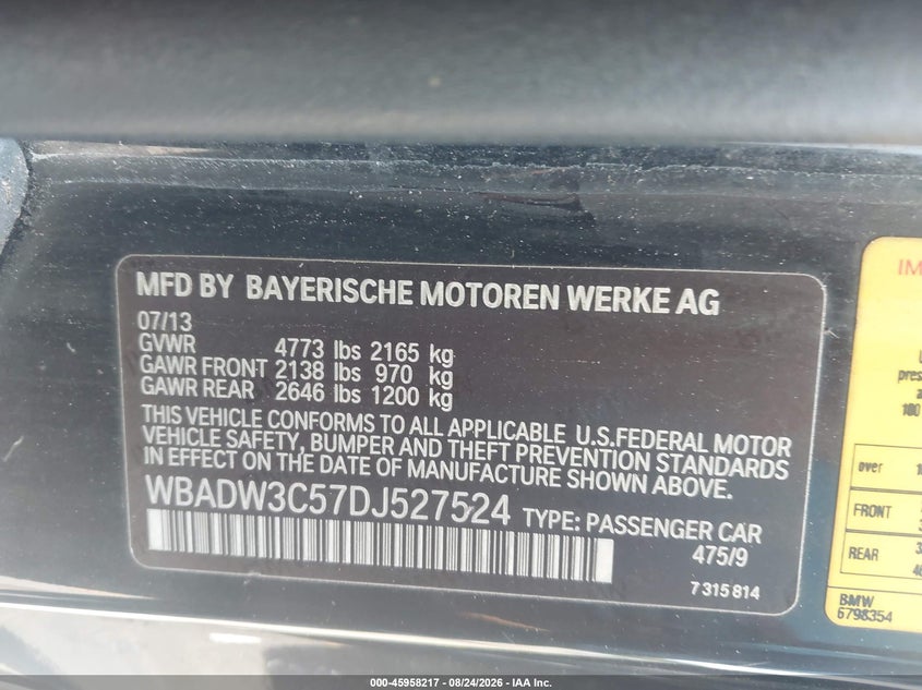 BMW 328I 2013 VIN WBADW3C57DJ527524