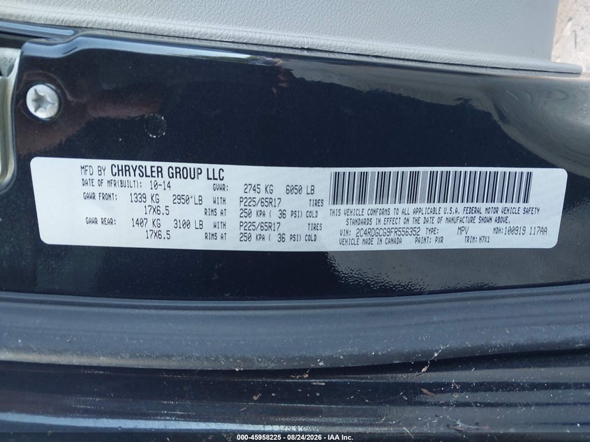 DODGE GRAND CARAVAN 2015 VIN 2C4RDGCG9FR556352