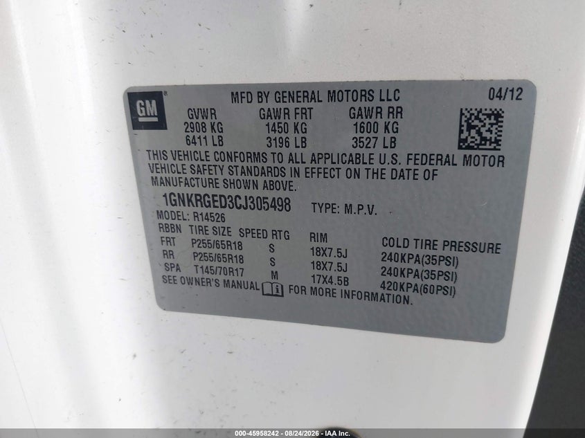 CHEVROLET TRAVERSE 2012 VIN 1GNKRGED3CJ305498