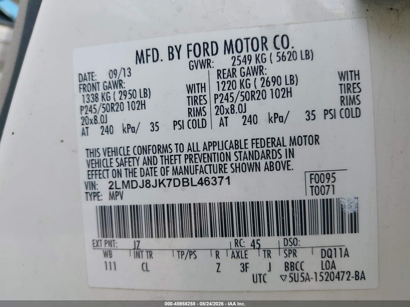LINCOLN MKX 2013 VIN 2LMDJ8JK7DBL46371