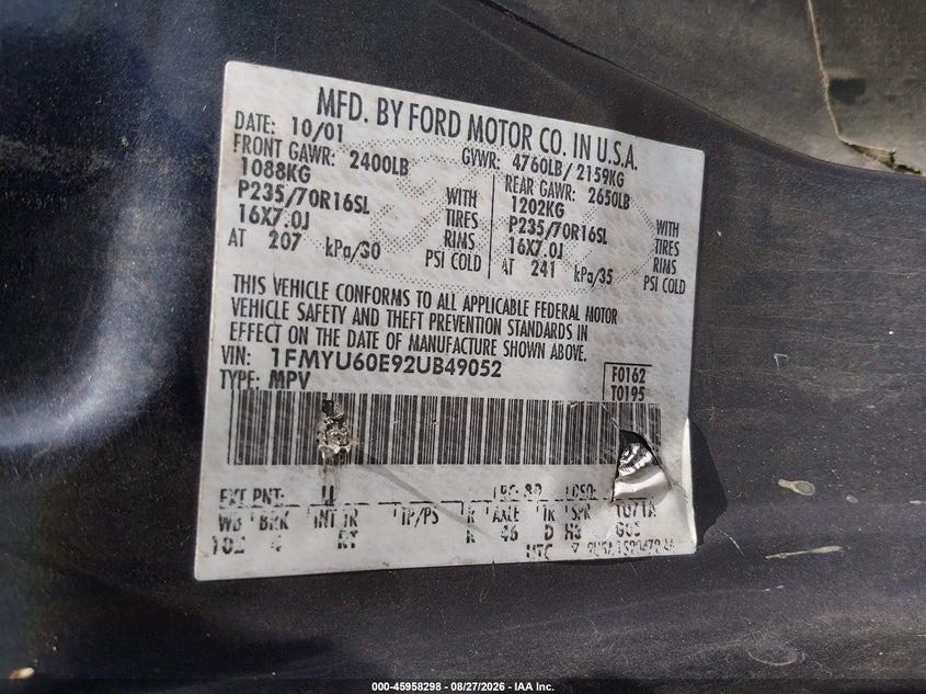FORD EXPLORER SPORT 2002 VIN 1FMYU60E92UB49052