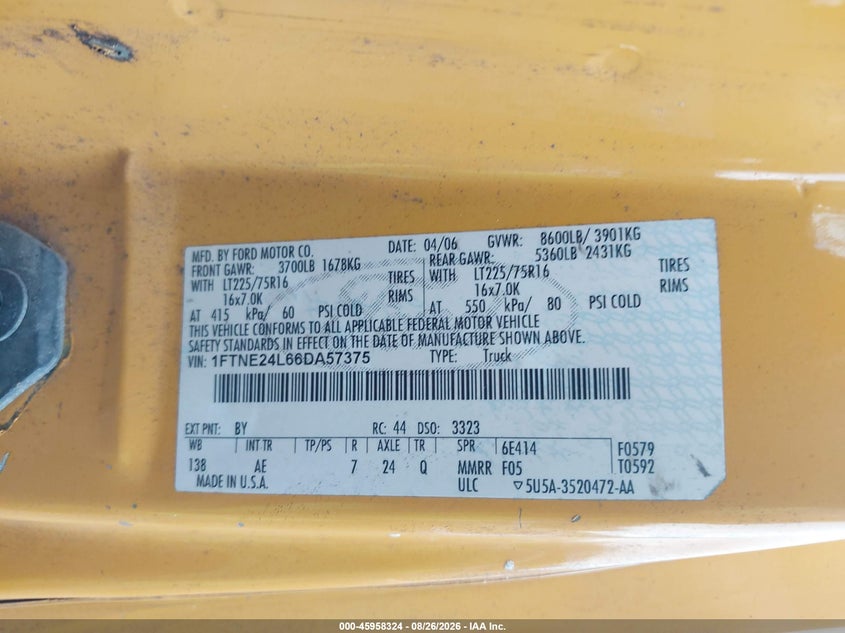 FORD E-250 2006 VIN 1FTNE24L66DA57375