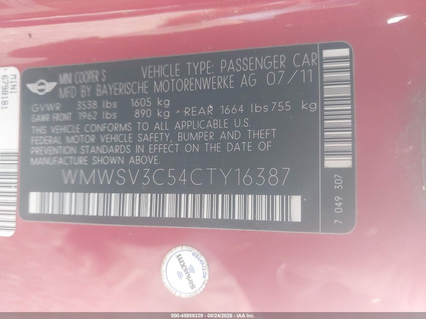 MINI COOPER S 2012 VIN WMWSV3C54CTY16387
