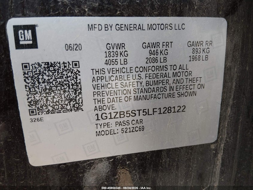 CHEVROLET MALIBU 2020 VIN 1G1ZB5ST5LF128122