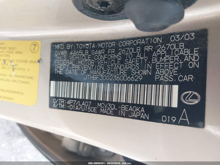 LEXUS ES 300 2003 VIN JTHBF30G236006629