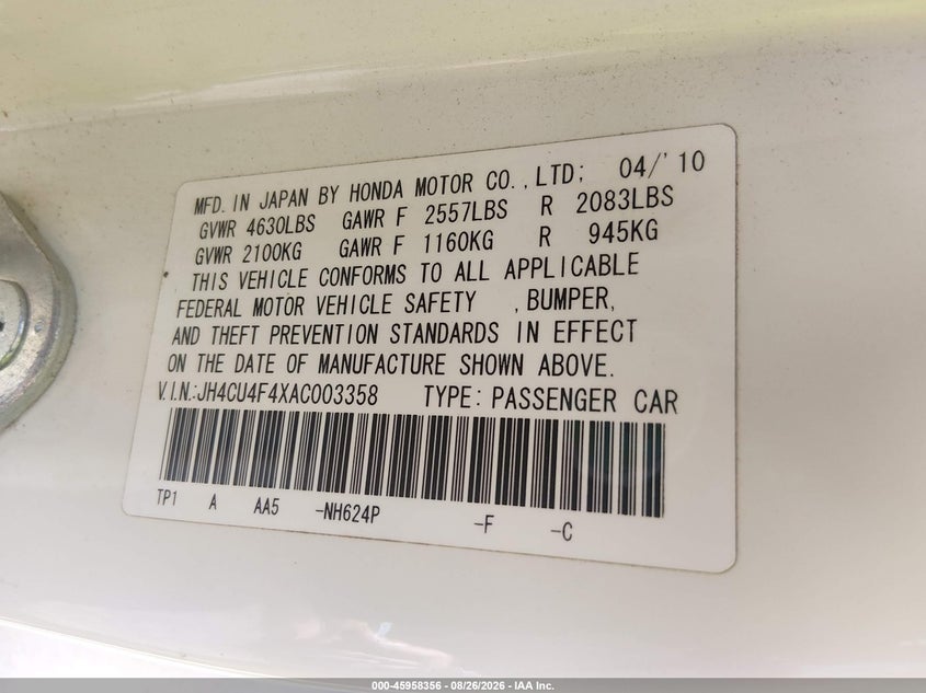 ACURA TSX 2010 VIN JH4CU4F4XAC003358