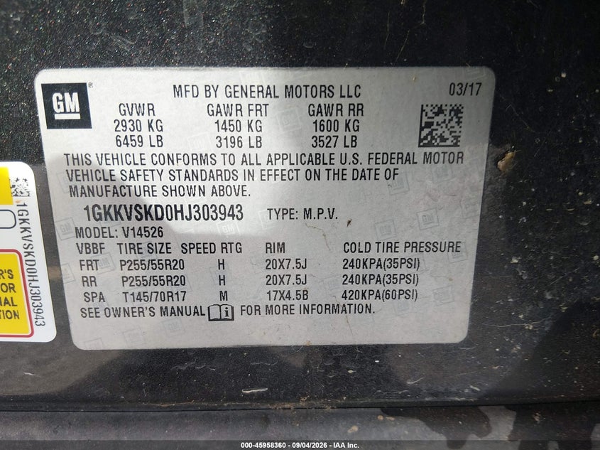 GMC ACADIA LIMITED 2017 VIN 1GKKVSKD0HJ303943