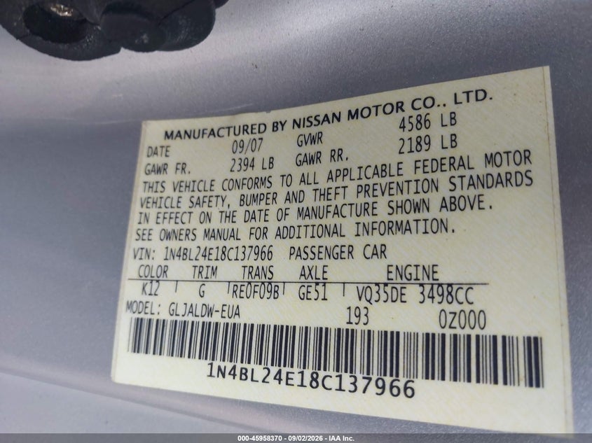 NISSAN ALTIMA 2008 VIN 1N4BL24E18C137966