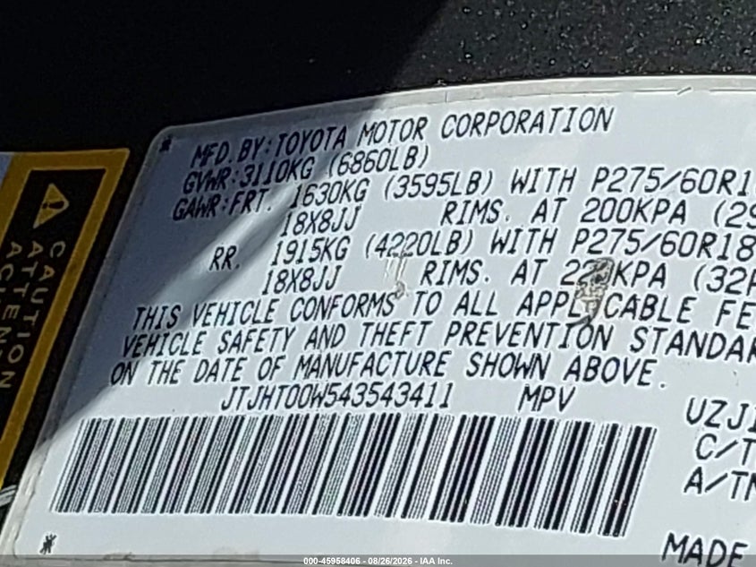 LEXUS LX 470 2004 VIN JTJHT00W543543411