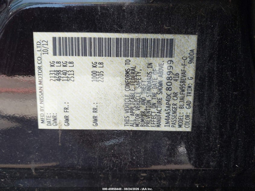 NISSAN MAXIMA 2013 VIN 1N4AA5AP4DC808999