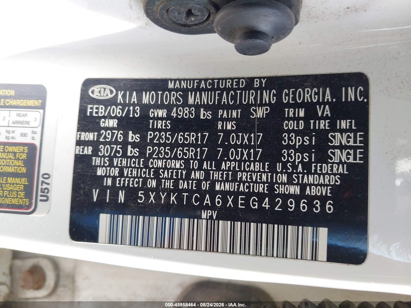 KIA SORENTO 2014 VIN 5XYKTCA6XEG429636