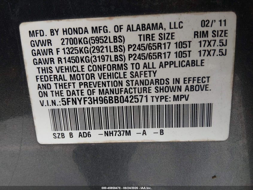 HONDA PILOT 2011 VIN 5FNYF3H96BB042571