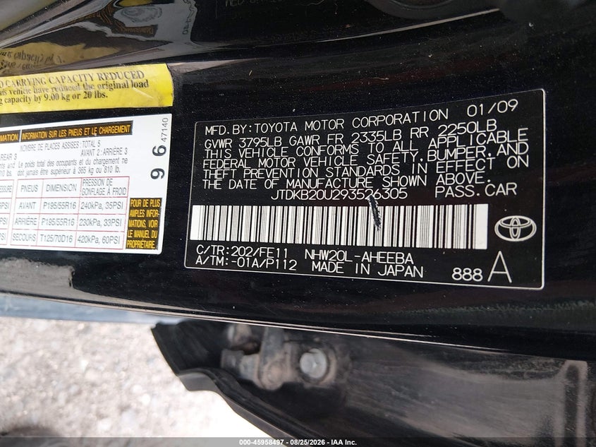 TOYOTA PRIUS 2009 VIN JTDKB20U293526305