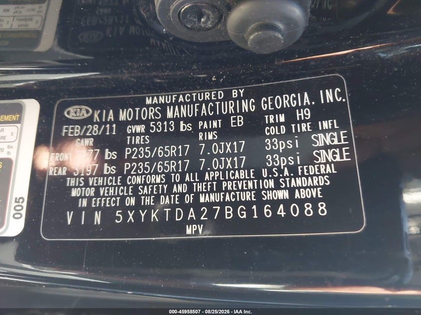 KIA SORENTO 2011 VIN 5XYKTDA27BG164088